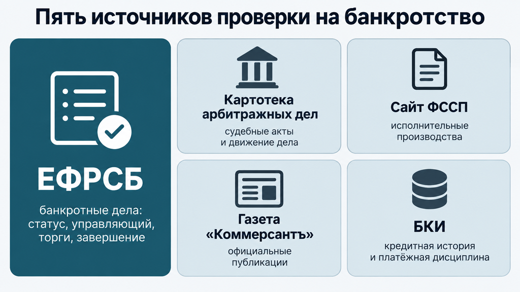 Чек-лист проверки банкротства и долгов по пяти официальным источникам РФ