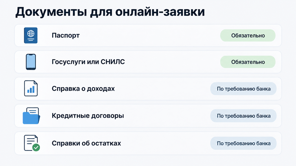 Чек-лист документов для онлайн-заявки на рефинансирование с пиктограммами и статусами обязательно и по требованию банка