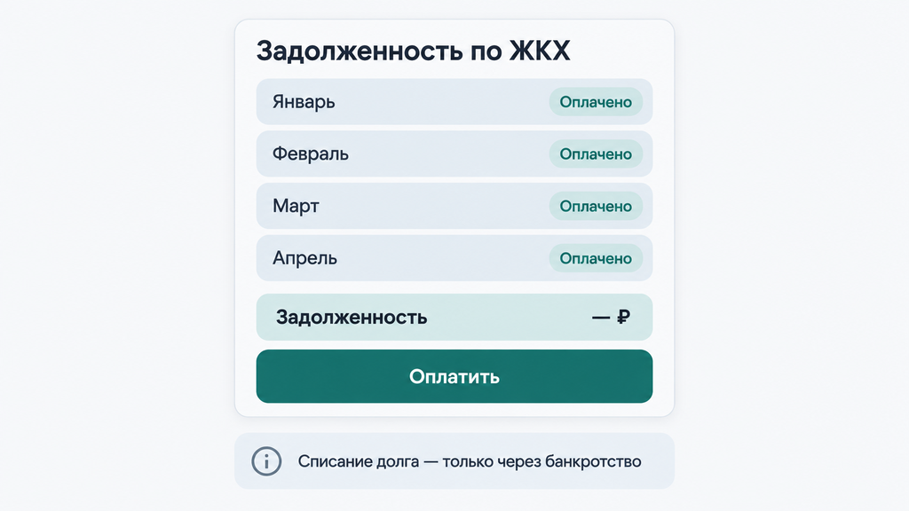 Нейтральный абстрактный интерфейс проверки задолженности по ЖКХ с кнопкой оплаты и пояснением о списании долгов только через банкротство