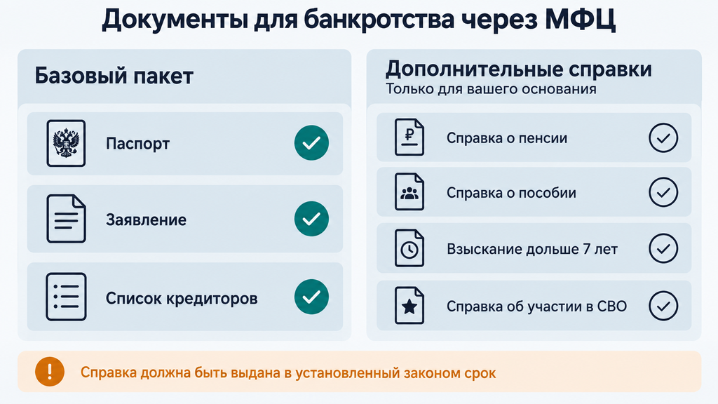 Чек-лист документов для внесудебного банкротства в МФЦ: базовый пакет и дополнительные справки по категориям заявителей