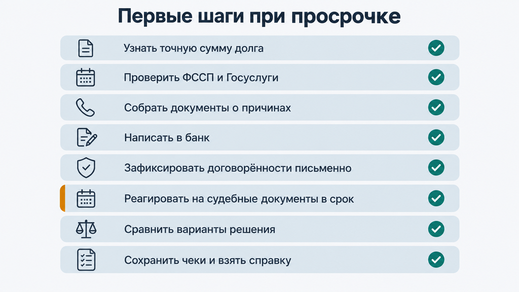 Чек-лист первые шаги при просрочке: 8 практических этапов с пиктограммами документов календаря телефона и щита для возврата контроля над ситуацией