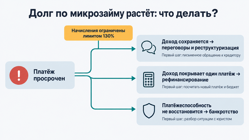 Дерево решений при просрочке платежа по микрозайму: три направления — договориться с МФО, рефинансировать долг или начать процедуру банкротства, с указанием первого шага для каждого варианта