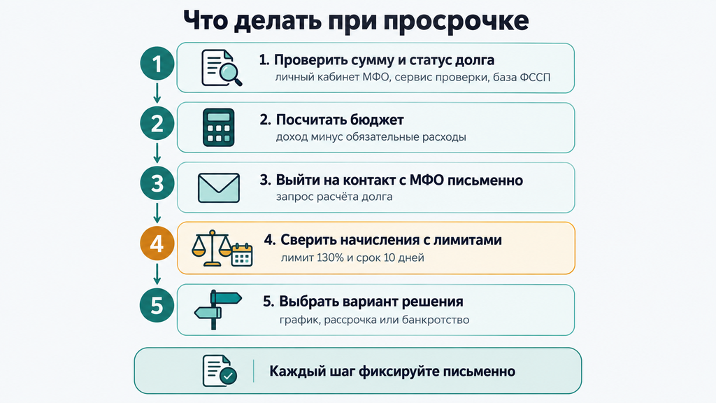 Пошаговая инфографика действий при просрочке микрозайма Быстроденьги. Маршрут из пяти этапов от проверки начислений до выбора способа решения проблемы.