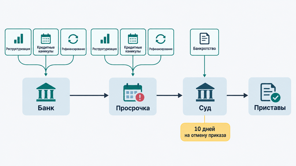 Карта этапов взыскания потребкредита: цепочка банк-просрочка-суд-приставы с точками доступа к законным вариантам (реструктуризация, кредитные каникулы, рефинансирование, банкротство)