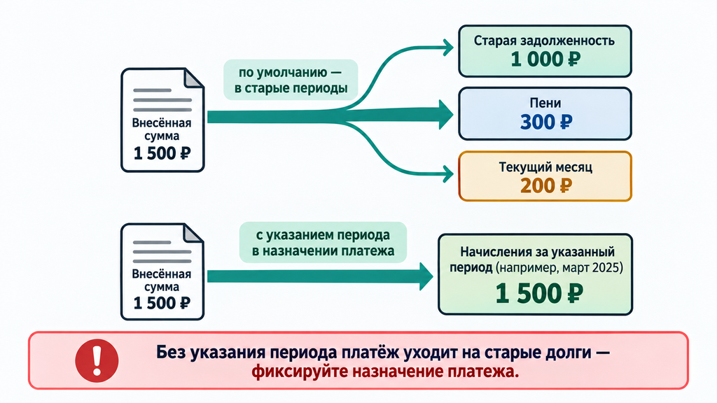 Схема распределения платежей УК по умолчанию на долг, пени и текущий месяц с примерами сумм и вариантом оплаты с указанием периода