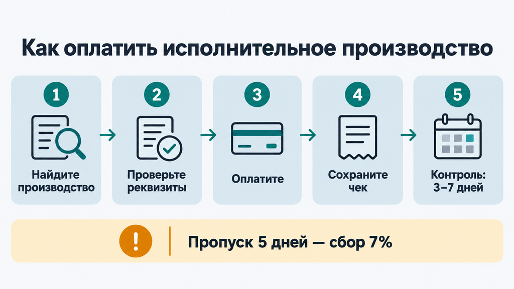 Пошаговая инфографика оплаты исполнительного производства за 5 шагов: поиск, реквизиты, оплата, подтверждение, контроль отражения