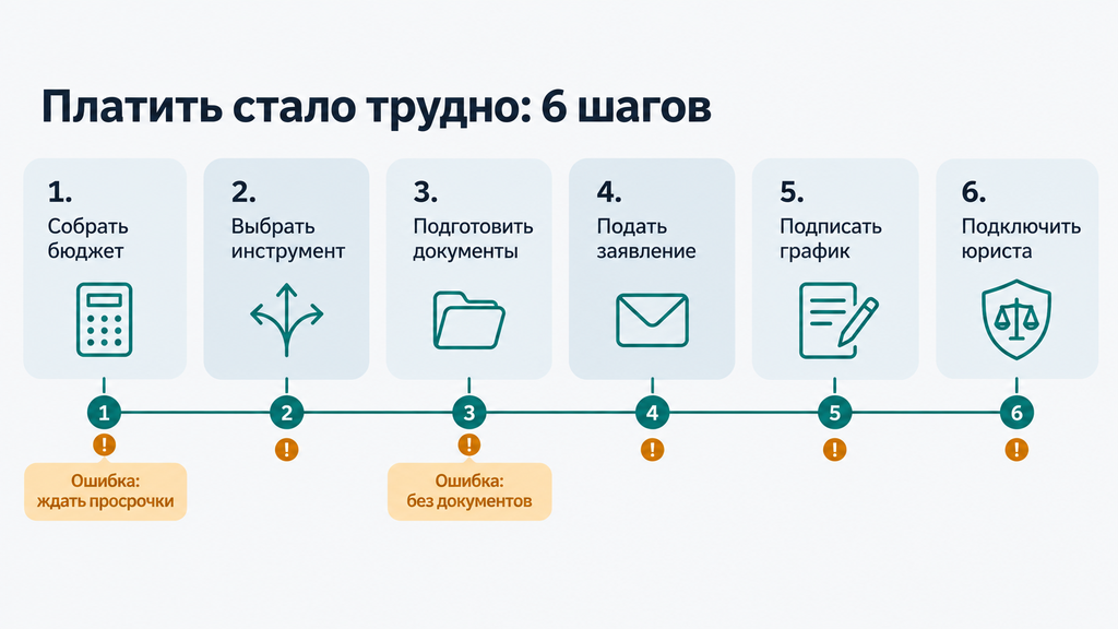 Горизонтальная схема из 6 этапов: порядок действий при финансовых трудностях от оценки бюджета до юридической консультации