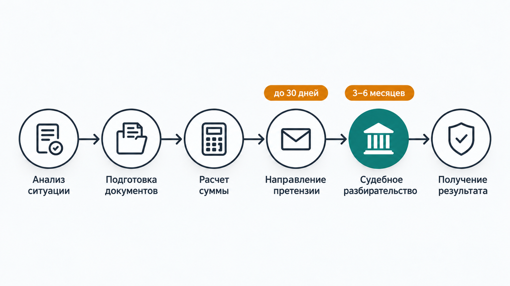 Горизонтальная схема взыскания неустойки на 6 этапах: от проверки оснований до исполнения решения с указанием сроков претензии и суда