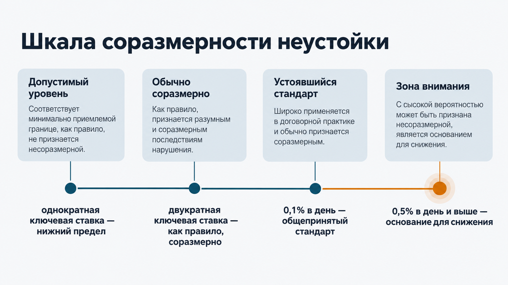 Горизонтальная шкала соразмерности неустойки: границы оценки от однократной ключевой ставки до 0,5% в день