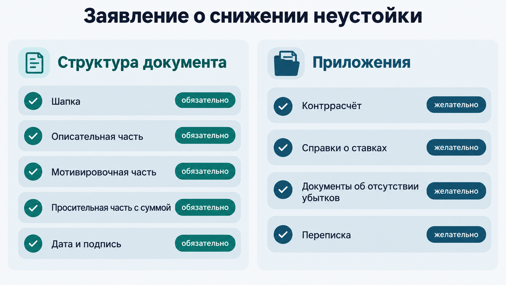 Чек-лист заявления о снижении неустойки: обязательные части документа и рекомендуемые приложения к заявлению