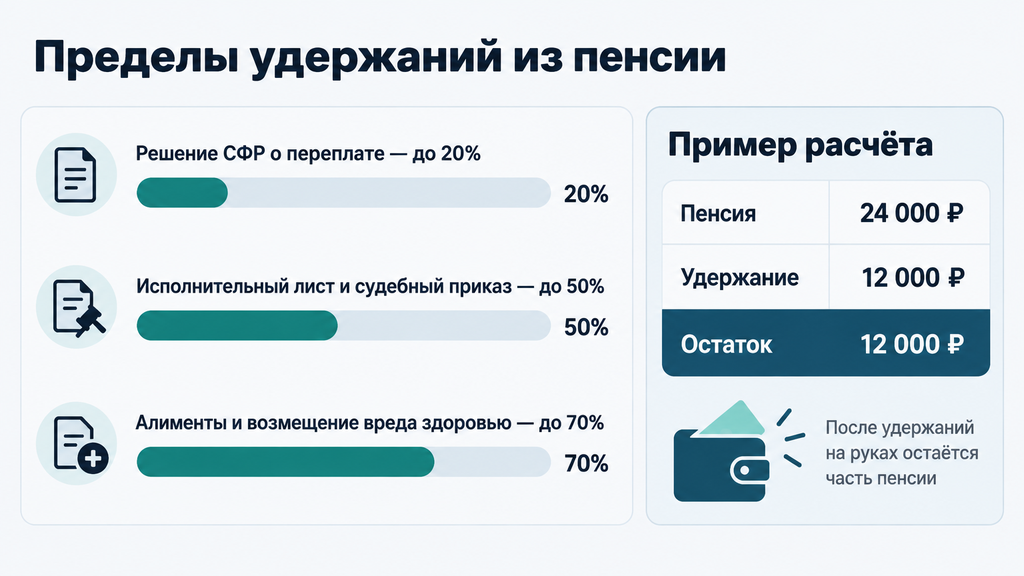 Шкала пределов удержаний из пенсии в 2026 году: 20% по решению СФР, 50% по исполнительному листу, 70% на алименты и возмещение вреда с примером расчёта остатка