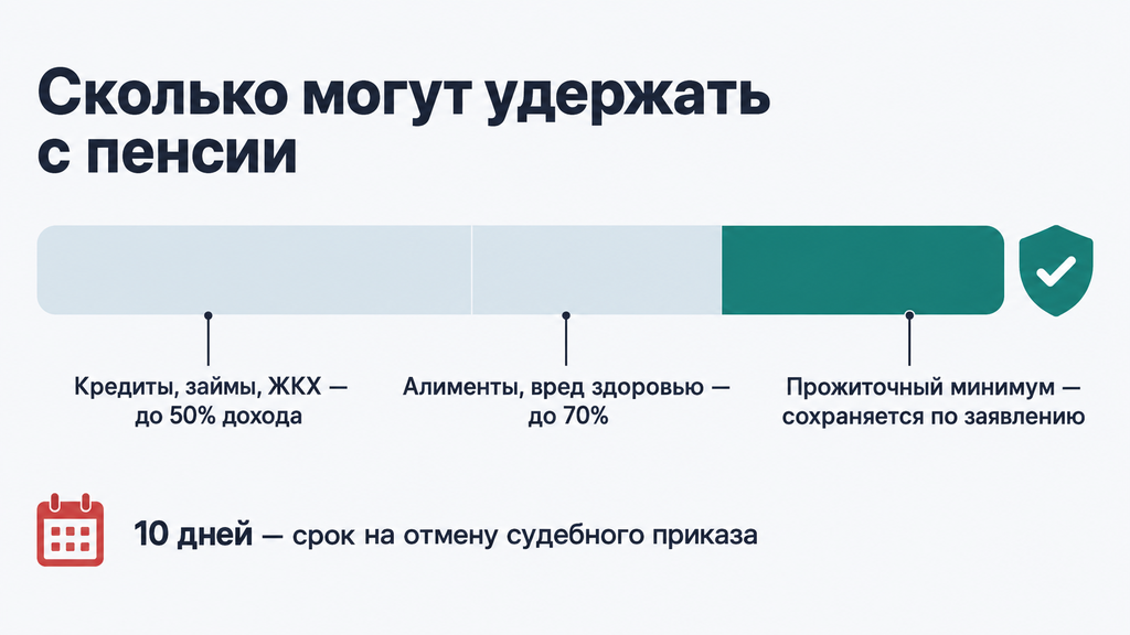 Инфографика: зоны удержаний из пенсии по видам долгов, лимит до 50%, защищённый прожиточный минимум и защита от полного списания пенсии