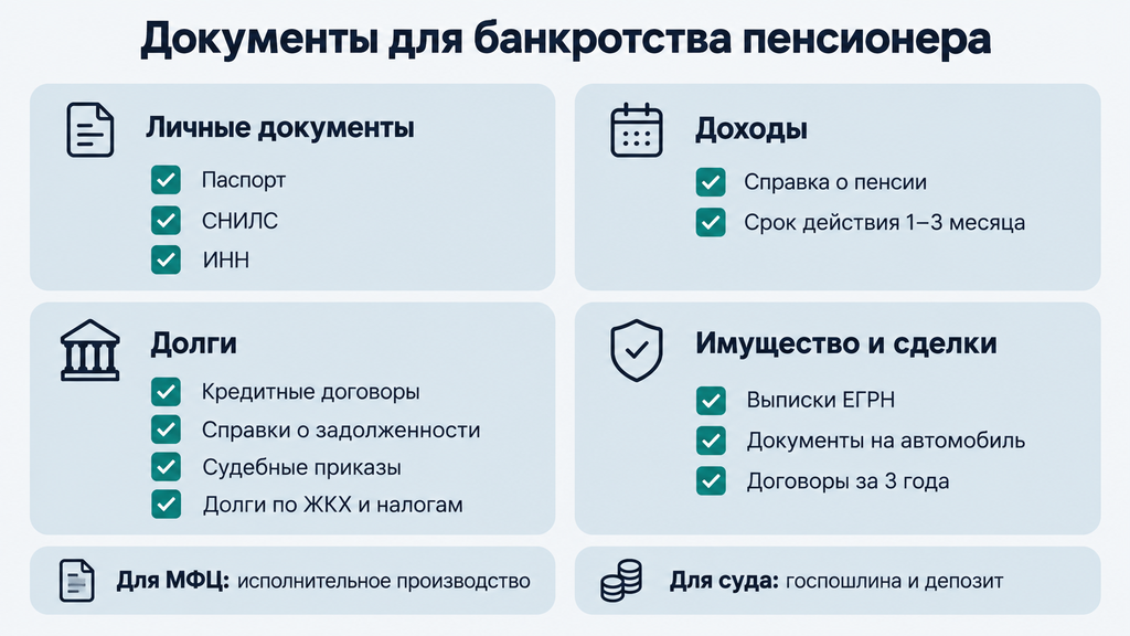 Чек-лист документов для банкротства пенсионера: личные документы, доходы, долги и имущество