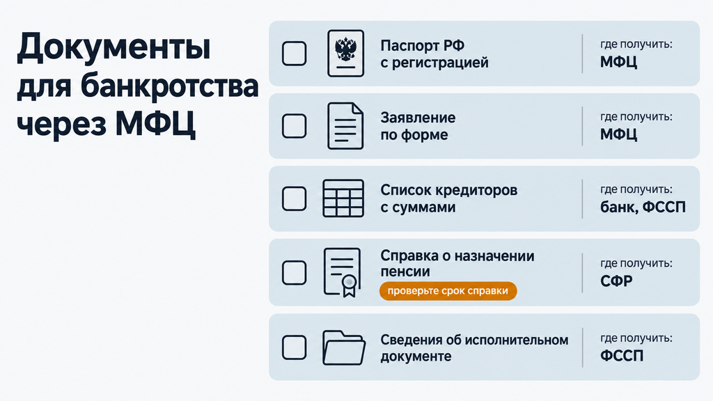 Чек-лист документов пенсионера для подачи заявления о внесудебном банкротстве с пометками мест выдачи и предупреждением о проверке срока справок.