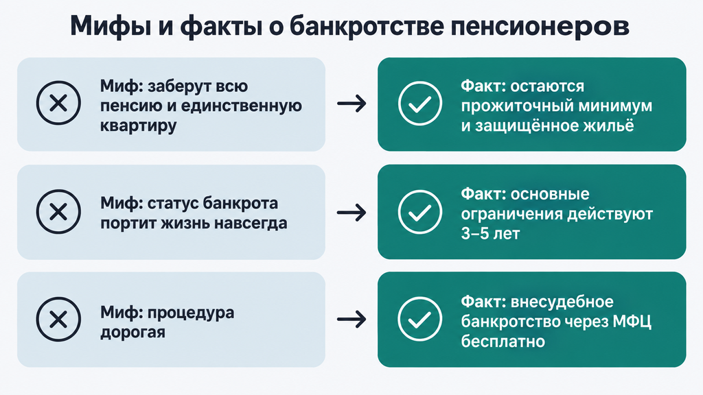 Инфографика мифов и фактов о банкротстве пенсионеров с тремя парными карточками
