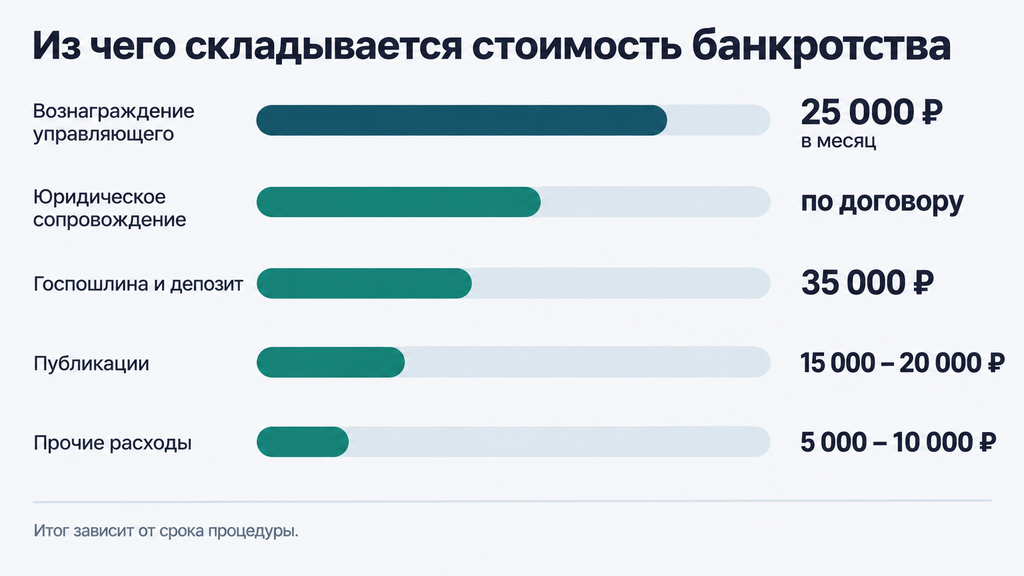 Структура расходов при судебном банкротстве физического лица: наглядная разбивка затрат на вознаграждение управляющего, публикации, госпошлину, депозит и юридическое сопровождение