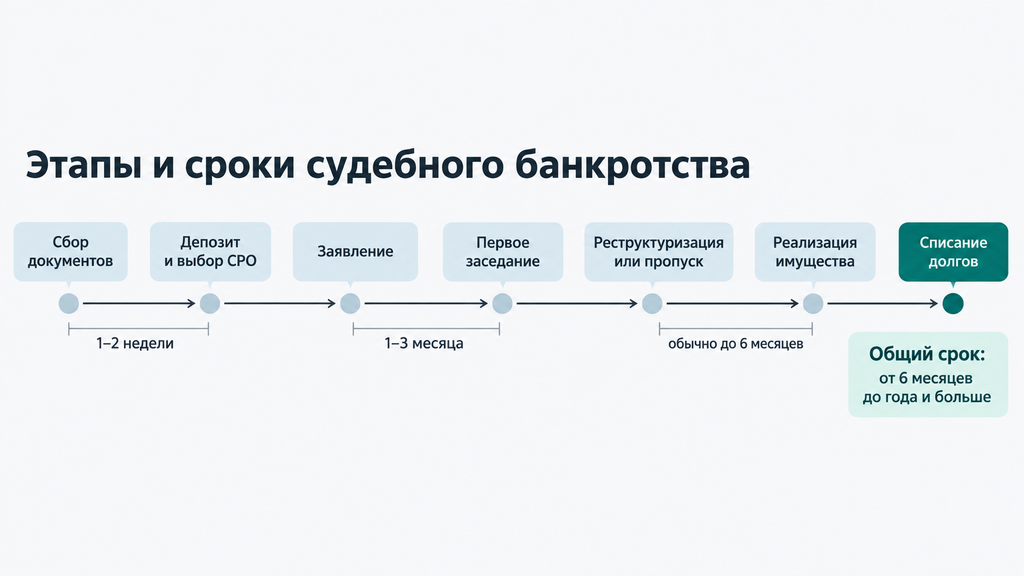 Таймлайн семи этапов судебного банкротства физического лица со сроками