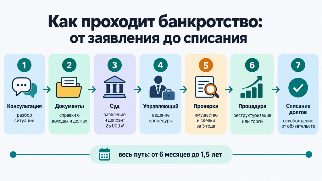Пошаговая схема банкротства физического лица: маршрут от консультации до списания долгов с указанием сроков каждого этапа