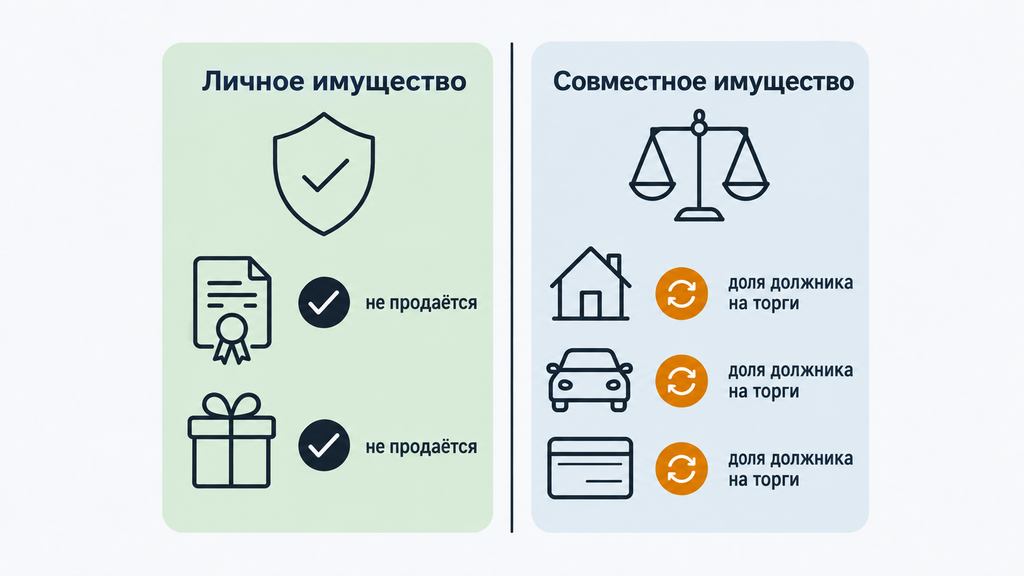 Сравнение личного и совместного имущества супругов при банкротстве: права на наследство и подарки защищены, совместная доля должника подлежит реализации на торгах