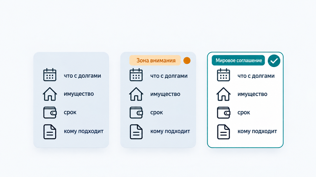Сравнение трёх сценариев банкротства физлица: реструктуризация, реализация имущества и мировое соглашение в виде карточек
