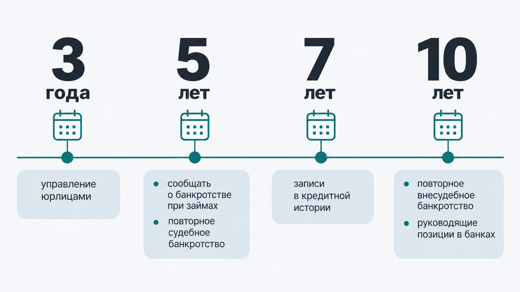 Горизонтальная временная шкала сроков действия ограничений и обязательств после банкротства в России на 3, 5, 7 и 10 лет с пояснениями к каждому периоду