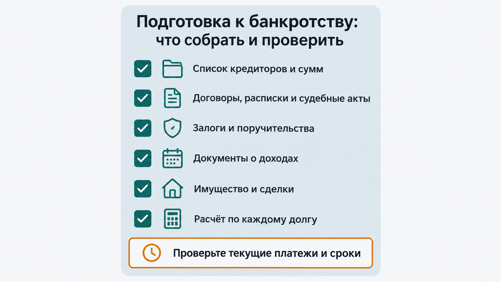 Чек-лист подготовки к банкротству: сбор документов о кредиторах, залогах и доходах перед подачей заявления