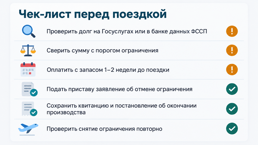Чек-лист должника перед поездкой за границу с пиктограммами статусов проверки долгов и оплаты
