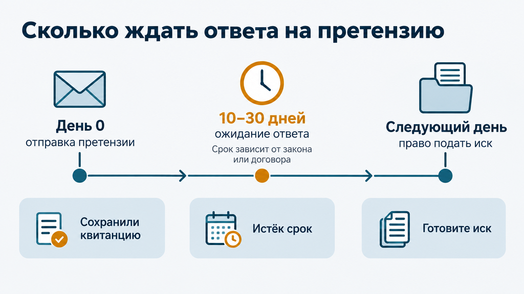 Горизонтальная шкала времени досудебного урегулирования споров от отправки претензии до подачи иска, сроки ответа 10–30 дней