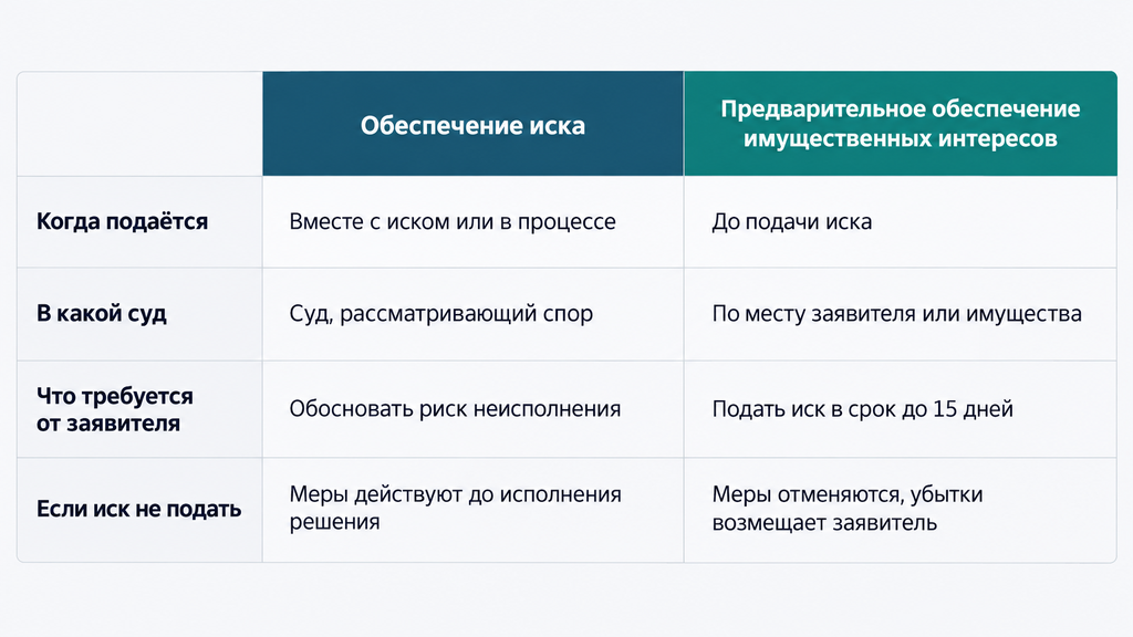 Сравнительная таблица обычных и предварительных обеспечительных мер: сроки подачи, подсудность, требования к заявителю и последствия. Разница между обеспечением иска и предварительным обеспечением интересов.