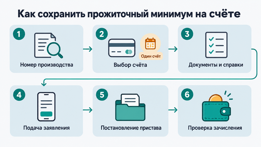 Пошаговая схема защиты прожиточного минимума на банковском счете от приставских арестов. Шесть шагов для ежемесячного сохранения средств.