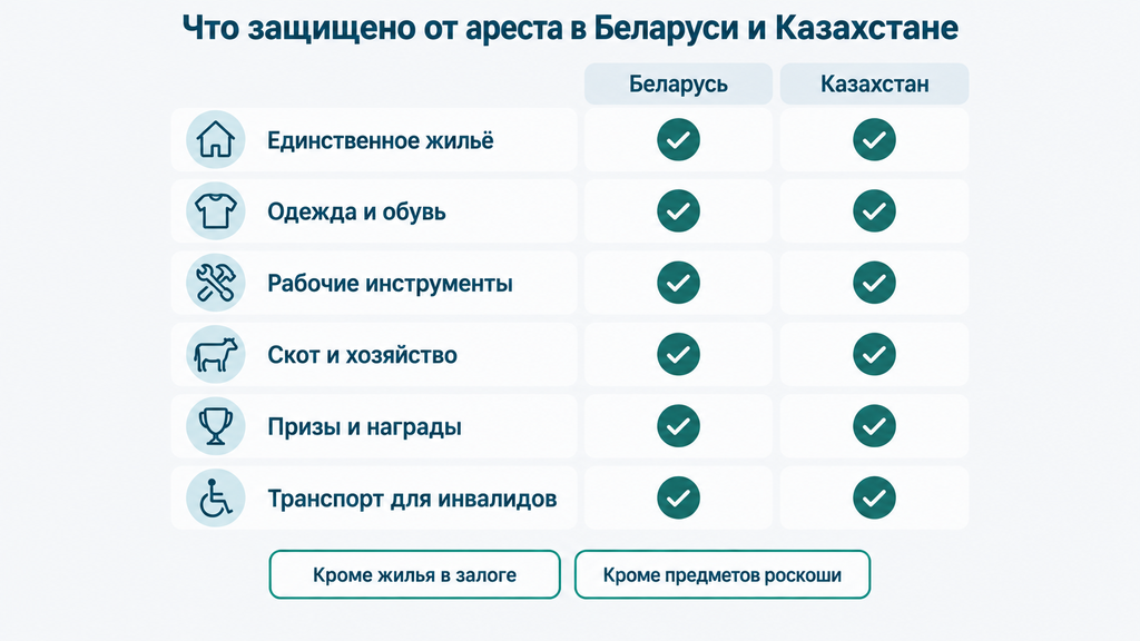 Инфографика сравнения имущества, защищенного от ареста в Беларуси и Казахстане. Визуальный чек-лист с пиктограммами дома, одежды, инструментов, скота, наград и спецтранспорта показывает минимальный перечень, не подлежащий взысканию.