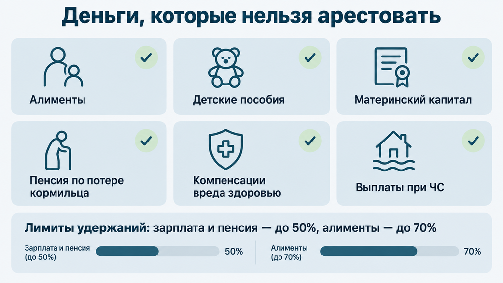 Чек-лист защищенных законом выплат от ареста приставов с карточками категорий и плашкой о лимитах удержаний