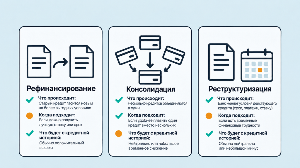 Сравнительная карточка: рефинансирование, консолидация или реструктуризация кредита — когда выбирать каждый вариант