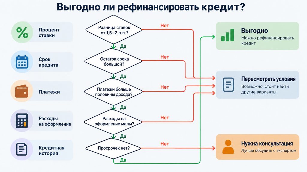 Дерево решений по рефинансированию кредита: пять вопросов и три итоговых вывода — выгодно, пересмотреть условия или проверить альтернативы