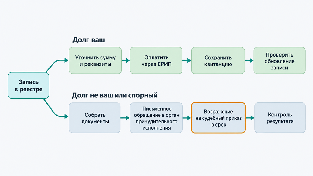 Схема-алгоритм действий при обнаружении записи в реестре: ветвь «Долг ваш» (проверка реквизитов, оплата через ЕРИП, сохранение квитанции, контроль обновления) и ветвь «Долг не ваш или спорный» (сбор документов, обращение в орган принудительного исполнения, подача возражения на судебный приказ в срок, проверка результата). Демонстрирует четкий законный план действий.