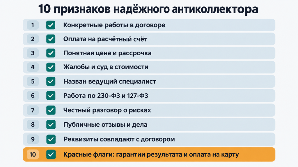 Чек-лист 10 признаков надёжного антиколлектора с выделенными красными флагами для проверки компании перед договором