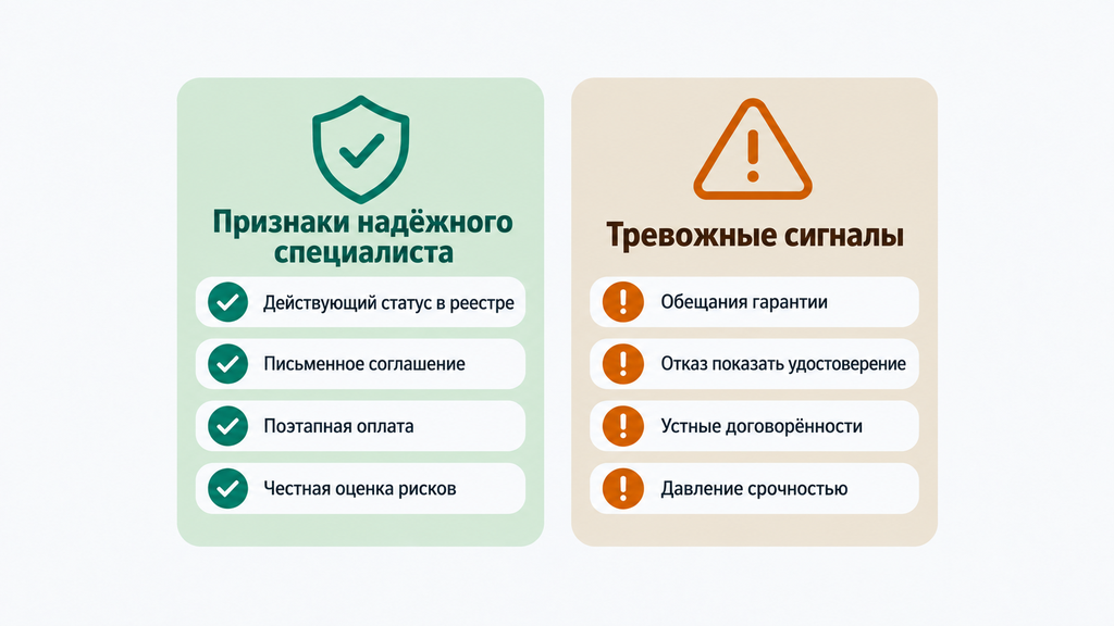 Сравнительная инфографика: зелёная карточка с признаками надёжного специалиста и янтарная — с тревожными сигналами. Наглядный чек-лист для самопроверки перед заключением договора.