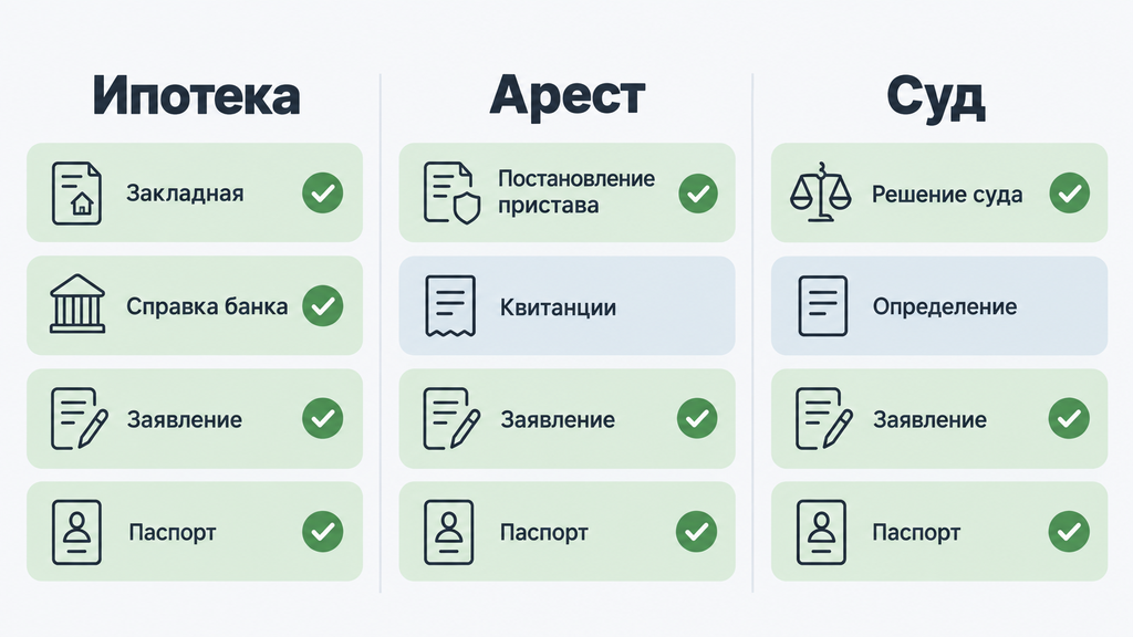 Чек-лист документов для снятия обременения: инфографика с тремя колонками по сценариям ипотеки, ареста и судебного решения. Документы отмечены пиктограммами и статусами обязательности (зелёные и серые плашки).
