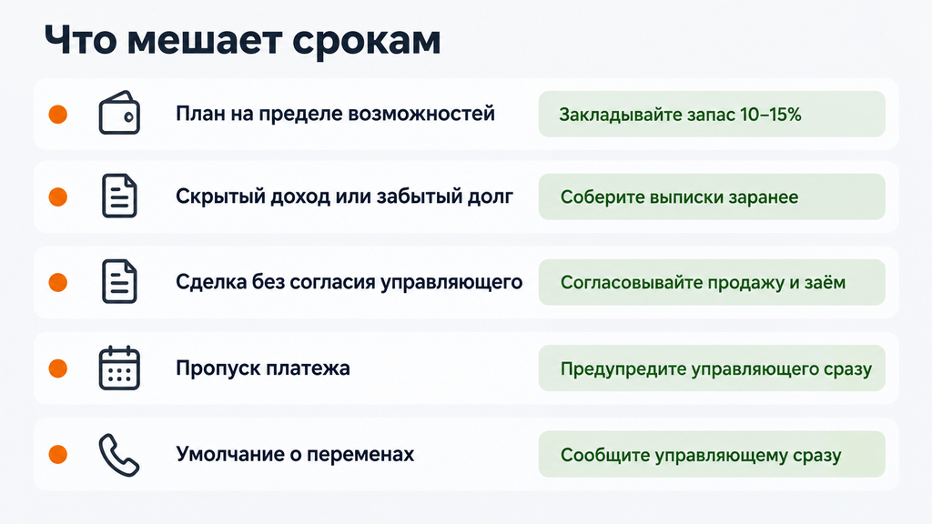 Чек-лист пяти причин срыва сроков реструктуризации с пиктограммами и короткими инструкциями