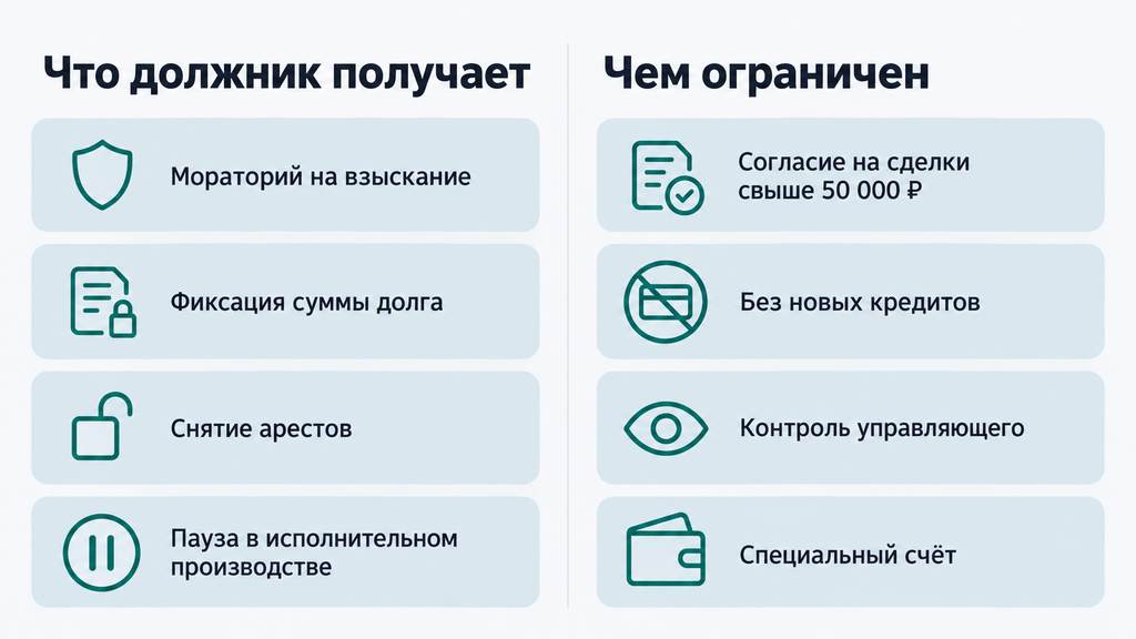 Инфографика: баланс защиты и ограничений при реструктуризации долгов — что получает и чем ограничен должник
