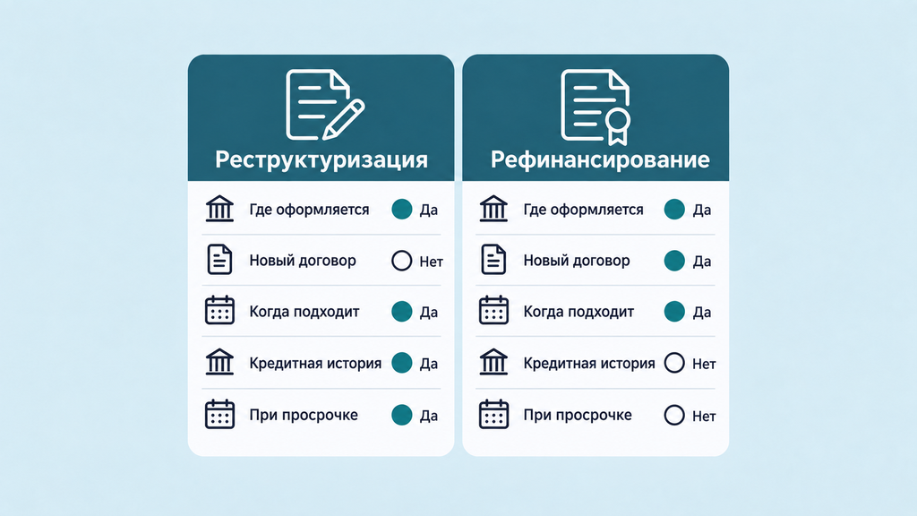 Сравнительная карточка реструктуризации и рефинансирования: условия оформления, тип договора и работа с кредитной историей