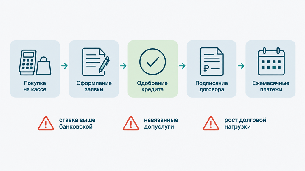 Схема оформления кредита в торговой сети: поэтапный процесс от кассы до графика платежей, процентная ставка, сроки и основные риски потребителя. Наглядно показаны завышенная стоимость, навязанные услуги и рост долговой нагрузки.