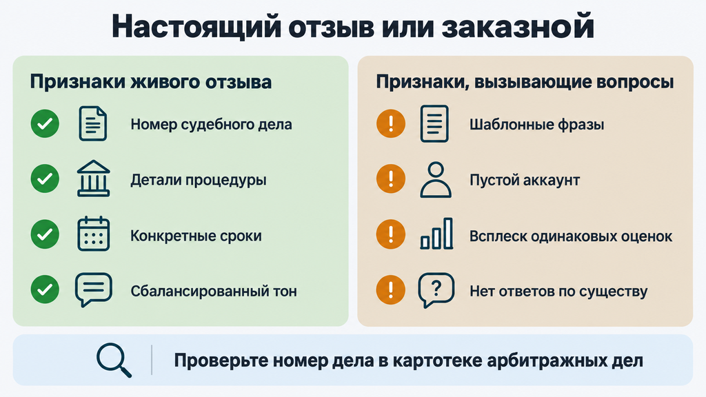 Чек-лист «Настоящий отзыв или заказной»: признаки подлинности и поводы для проверки отзыва о юридической компании. Проверка номера дела в картотеке арбитражных дел.