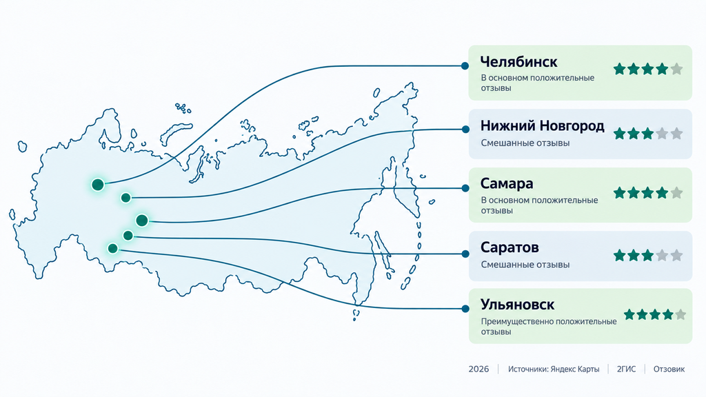 Карта отзывов о Росбанкроте в городах Челябинск, Нижний Новгород, Самара, Саратов и Ульяновск. Сводка характеров упоминаний клиентов, 2026 год.