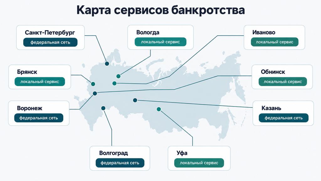 Карта сервисов банкротства: федеральные сети и локальные компании в девяти городах России