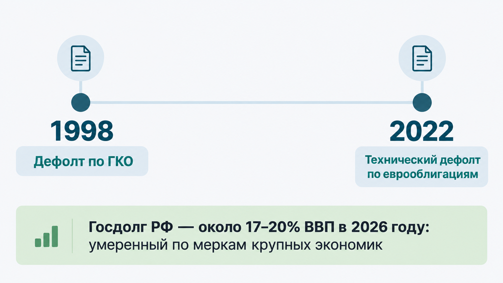 Таймлайн долговых событий России: дефолт 1998 и технический дефолт 2022 годов, умеренный госдолг к ВВП в 2026 году