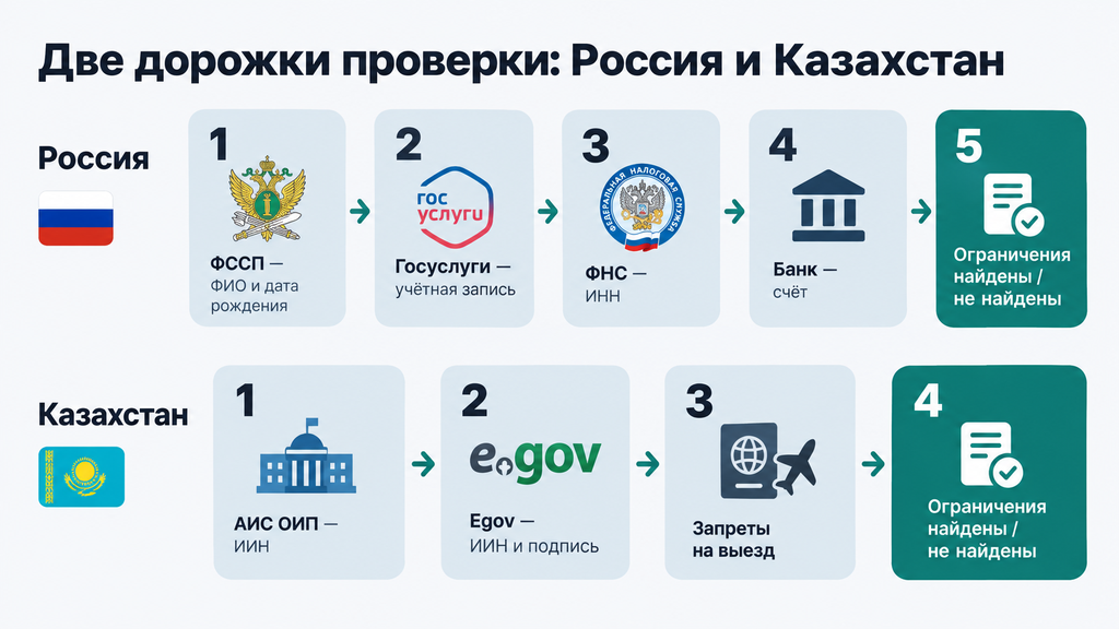 Схема двух дорожек верификации для России и Казахстана: пошаговая инструкция с пиктограммами сервисов, полями ввода данных и выделенными результатами проверки