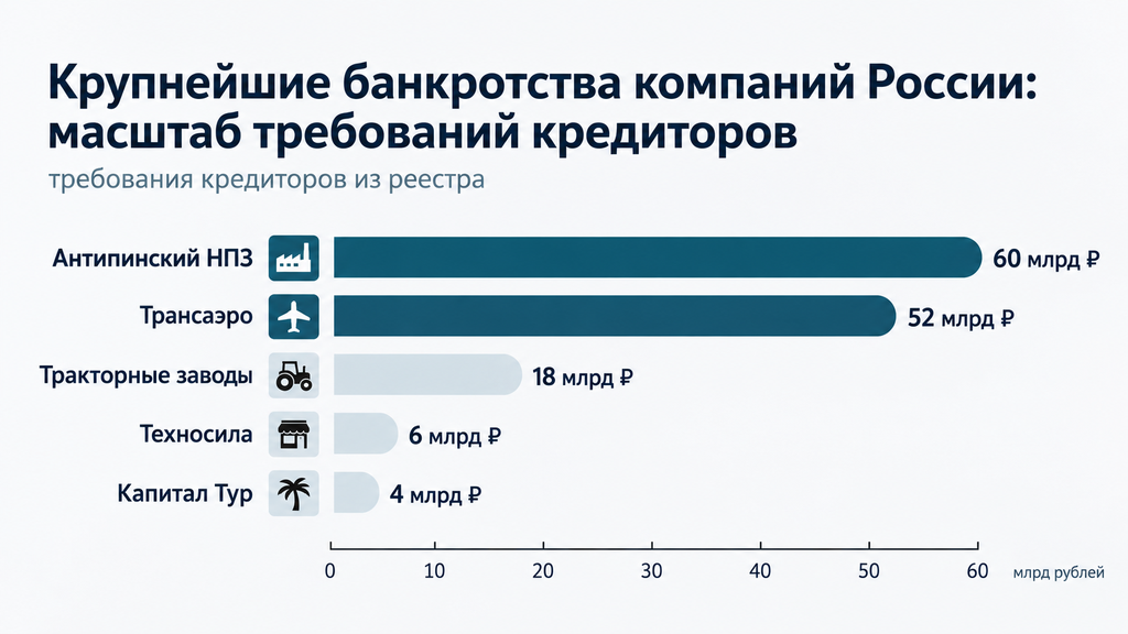 Сравнительная шкала крупнейших банкротств компаний России по размеру требований кредиторов