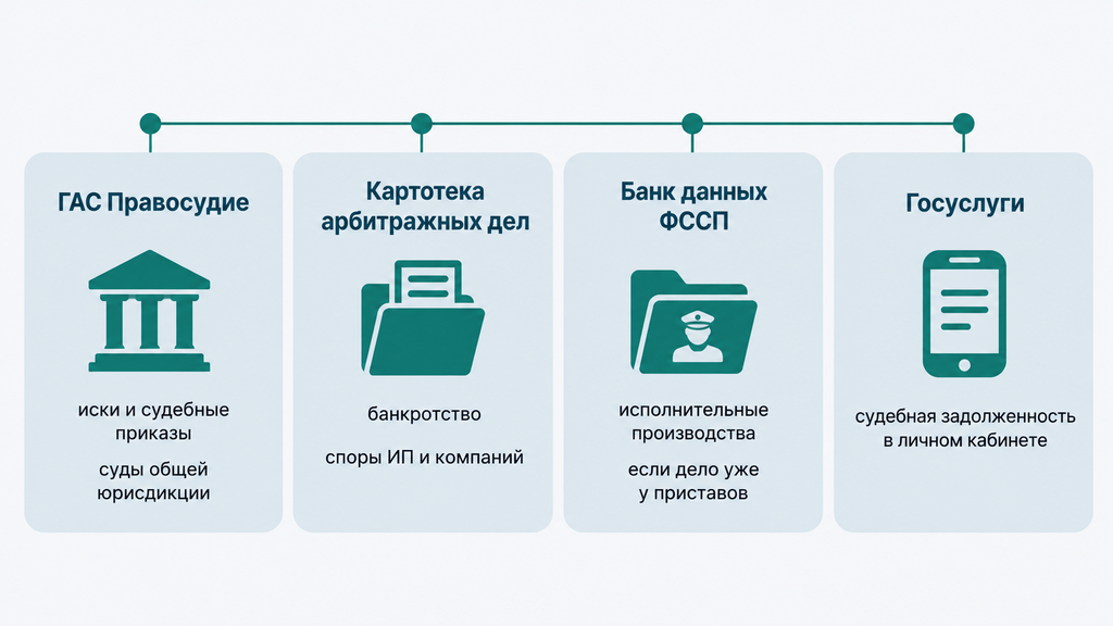 Сравнение четырёх правовых баз данных РФ: когда выбирать ГАС Правосудие, Картотеку арбитражных дел, Банк ФССП или Госуслуги