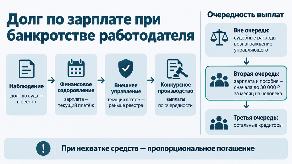 Долг по зарплате при банкротстве работодателя: стадии процедуры и очередность выплат